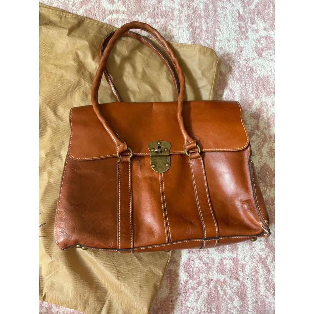 Patricia Nash Tan Leather Satchel Bag Vintage Style Flip Lock Cognac Brown - Picture 2 of 7